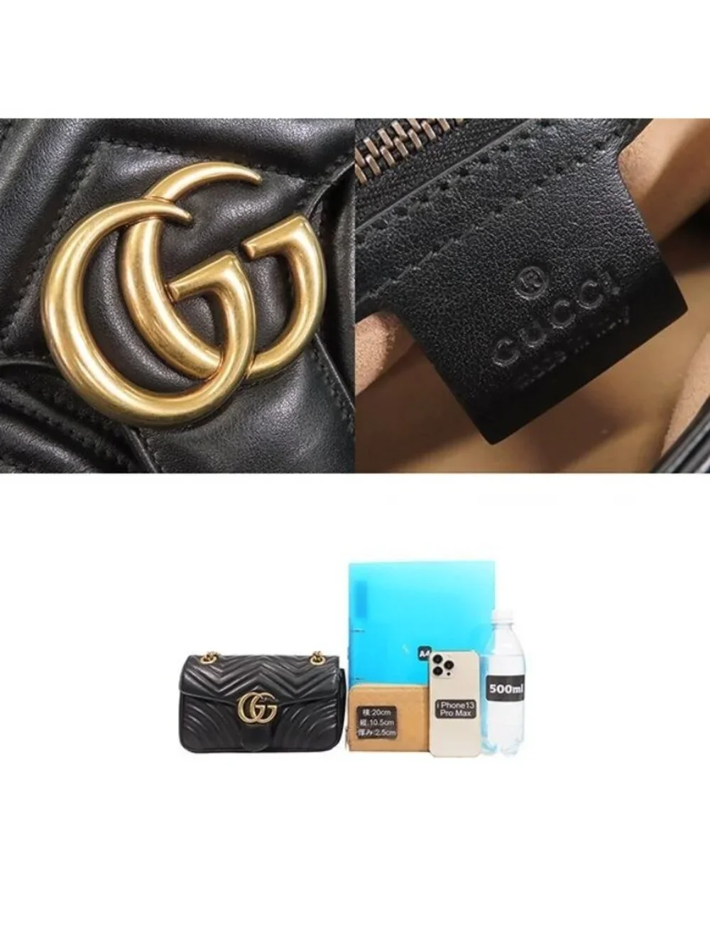 Gucci GG Marmont Black Leather Medium Heart Chain Shoulder Bag